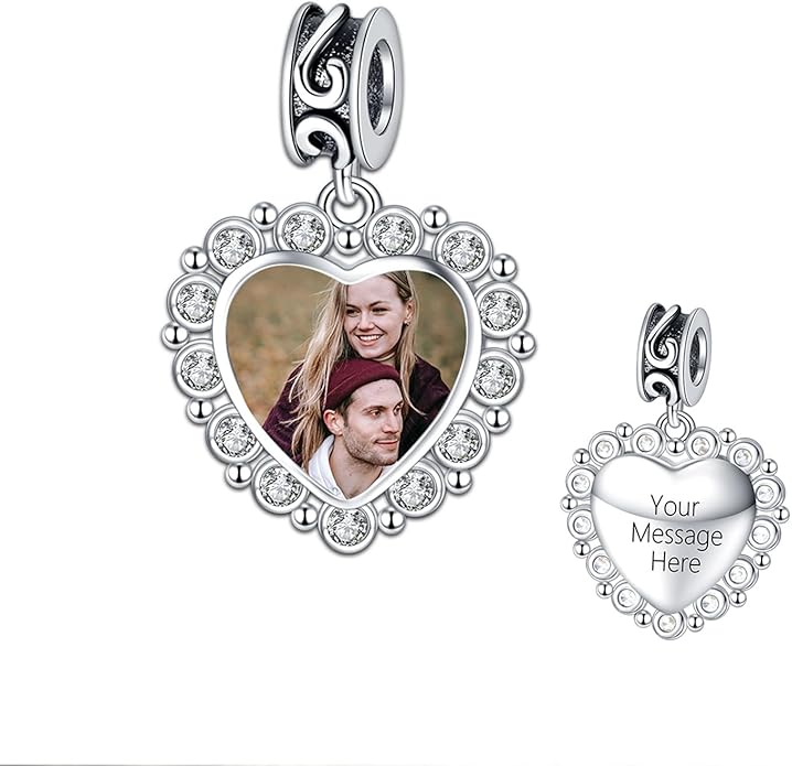 Annmors Personalized Photo Charm for Bracelet Necklaces,925 Sterling Silver Charm Love Heart Shaped Engraved Customize Picture Gift for Birthday Mother's Day Christmas,Bead Charms Jewelry for Women