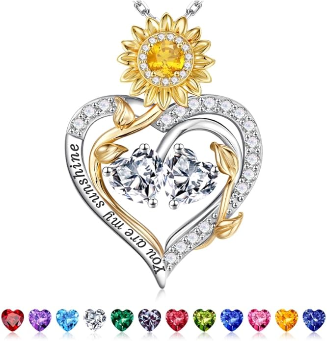 Iefil Valentines Day Gifts for Her - 925 Sterling Silver Sunflower Double Birthstone Necklace for Women, Anniversary Birthday Gifts for Wife, You Are My Sunshine Necklaces, Jewelry for Wife Mom