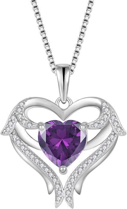 FJ Heart Angel Wings Pendant Necklace 925 Sterling Silver Birthstone Jewelry Gifts for Women