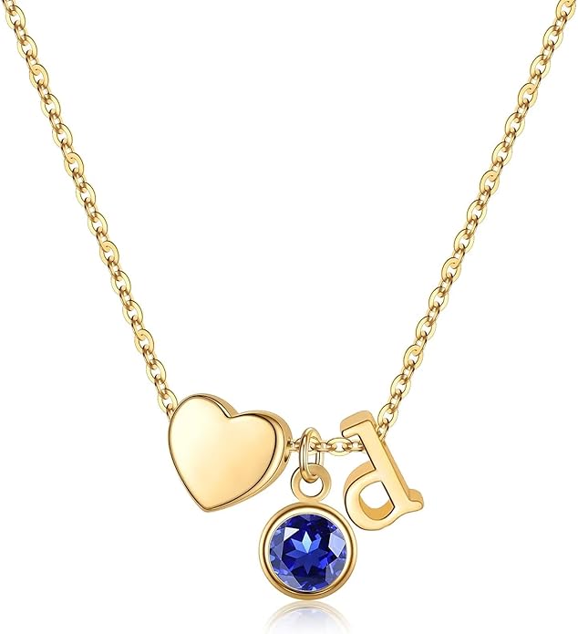 Ursilver Initial Birthstone Necklace for Women - Heart Initial Birthstone Pendant Necklace Personalized Gifts Birthday Gifts for Women