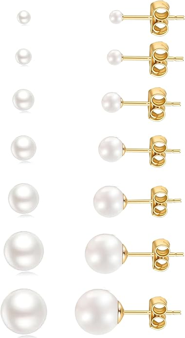 14K Gold Filled Polished Small CZ Pearl Ball Stud Earrings Set for Women Men 20G Surgical Steel Hypoallergenic Piercing Studs for Sensitive Ear, Pack of 6 Pairs