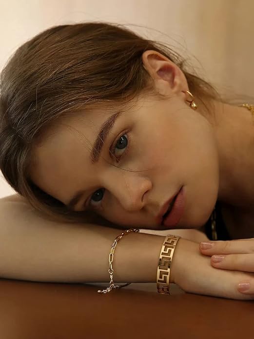 PERNNLA PEARL Dainty Gold Bar Bracelet for Women Simple Delicate Thin Cuff Bangle Hook Bracelet 18K Gold Plated Handmade Minimalist Jewelry