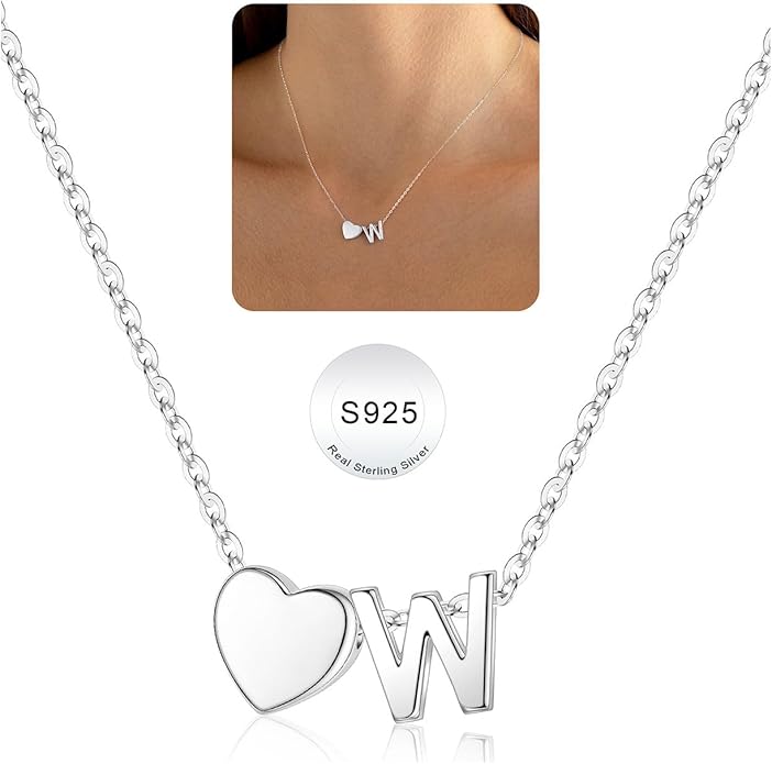 Turandoss Valentines Gifts for Her Kids Girls, Dainty S925 Sterling Silver Tiny Heart Letter A-Z Pendent Necklace Trendy Birthday Valentines Jewelry Gifts for Girls Women