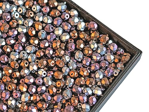 100 pcs Fire Polished Faceted Beads Round 4 mm, Jet Mix Heavy Metal, Czech Glass - color: Jet Mix Heavy Metal