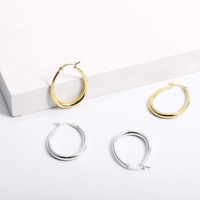Silver Oval Hoop Earrings Hypoallergenic 14K Gold Plated Sterling Silver Lightweight Oval Hoop Earrings for Women Gilrs