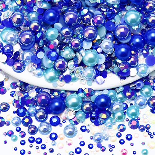 60g Mixed Pearls and Rhinestones, Flatback Rhinestones & Pearls for Crafts, Tumblers, Shoes, Nails, Face Art, 2mm-10mm Mixed Sizes, Blue|Green|White - color: Ocean Princess Blend | Mix Blue | Green | White