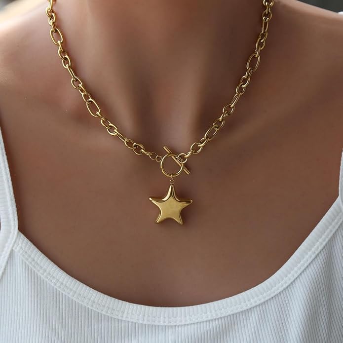 Large Star Necklace Chunky Gold Necklace for Women Trendy Silver Big Statement Necklaces Bold Thick Paperclip Necklaces OT Toggle Chunky Jewelry Holiday Christmas Jewelry Gifts Stocking Stuffers