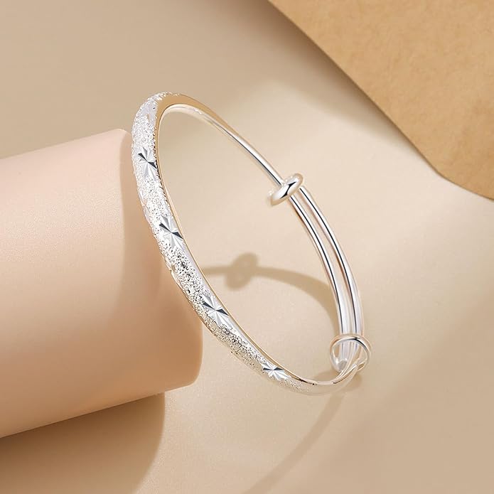 Solid 925 Sterling Silver Bracelets for Women Simple Adjustable Bangle Bracelet