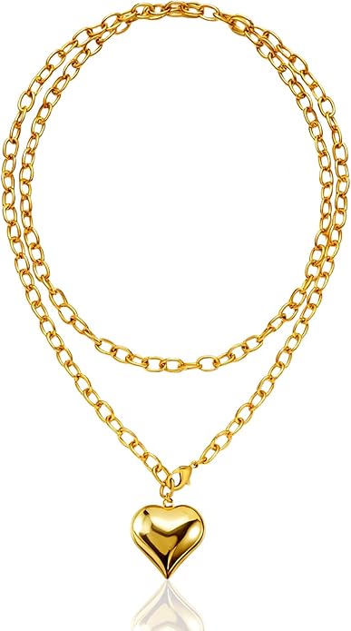 16k Gold Plated Chunky Statement Necklace for Women, Bold Thick Layered Puffy Heart Design, Long Gold Jewelry, Trendy Women's Fashion Necklace
