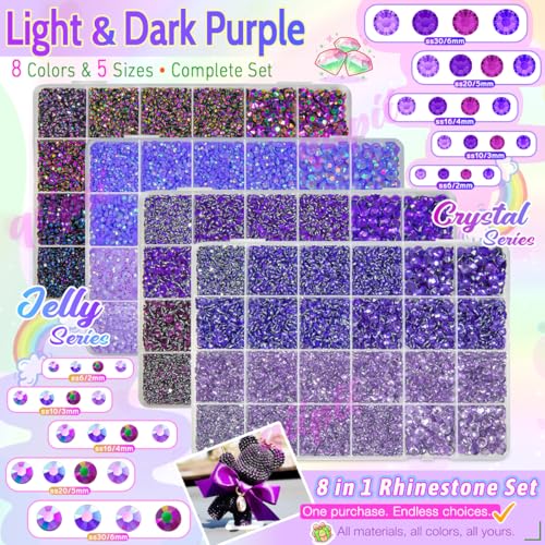 qiipii 8 Color 2-6mm Purple Jelly Resin Rhinestones w B7000 Jewelry Glue for Bedazzling Crafting Flatback Stones Gems Diamonds for Nails Face Eyes Makeup Tumblers Bottles Crafts Clothes Shoes Phones - color: Light / Dark / Peacock Purple Series Rhinestone