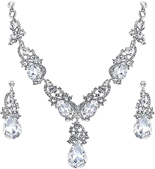 Secret for Longevity Silver Tone Antique Style Art Deco Clear Crystal Rhinestone Statement Wedding Bridal Prom Chunky Statement Earrings Necklace Gift Set
