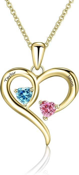 MissNaNa Sterling Silver Personalized 2 Names Heart Necklace with 2 Birthstone Couple I Love You Heart Pendant Necklace Jewelry Gift for Her Wife Girlfriend Mom