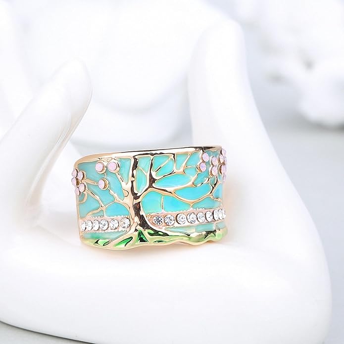Women Tree of Life Lucky Flower Wide Band Ring Gold Pink Opal Green Enamel Resin Plated Dainty Tree Rhinestone Statement Thumb Index Full Finger Chunky Ring Party Crystal Vintage Jewelry
