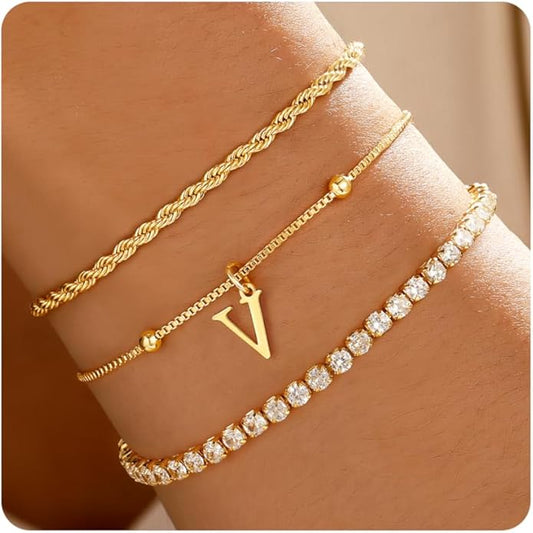 Valentines Day Gifts for Her Kids - Dainty Gold Bracelets for Women Personalized Gold/Silver Initial Bracelet Stack Stackable Rope Box Chain Tennis Bracelets for Girls Jewelry Set
