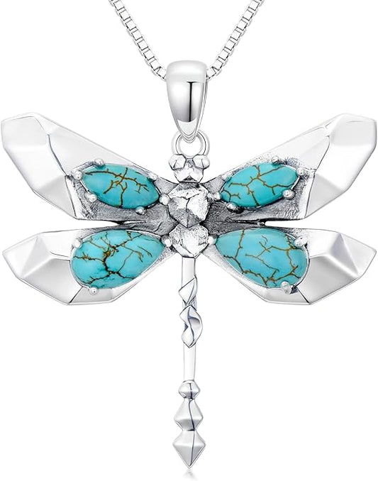 Genuine Turquoise Dragonfly Boho Necklace, Sterling Silver Vintage Native American Western Jewelry Birthdays Gift for Women