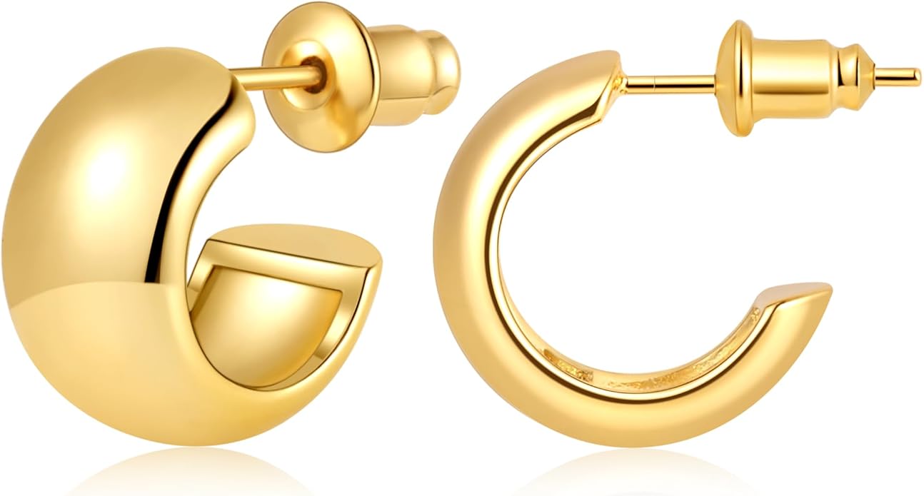 Gamicy Small 14K Gold Plated Hoop Earrings for Women with 925 Stering Silver Post, 14K Real Gold Plated Chunky Lightweight Hoops Earrings
