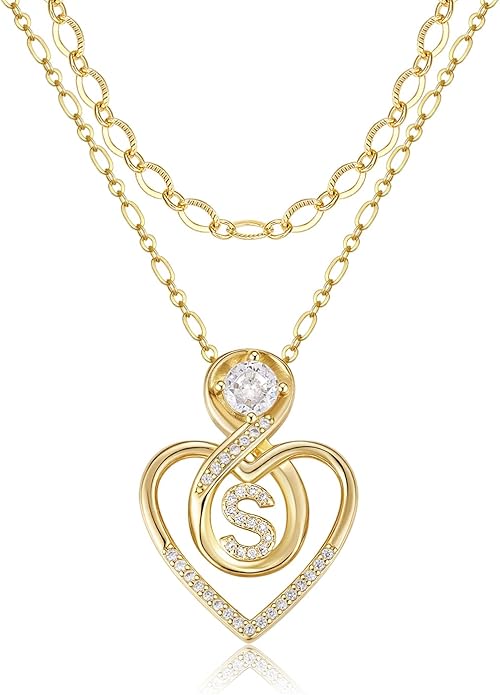 Heart Letter Necklaces for Women 14K Gold Plated Cubic Zirconia Heart Initial Layered Necklace Infinity Pendant Necklace Letter Initial Jewelry for Women
