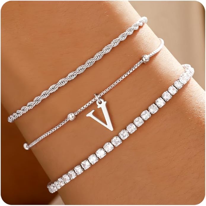 Valentines Day Gifts for Her Kids - Dainty Gold Bracelets for Women Personalized Gold/Silver Initial Bracelet Stack Stackable Rope Box Chain Tennis Bracelets for Girls Jewelry Set
