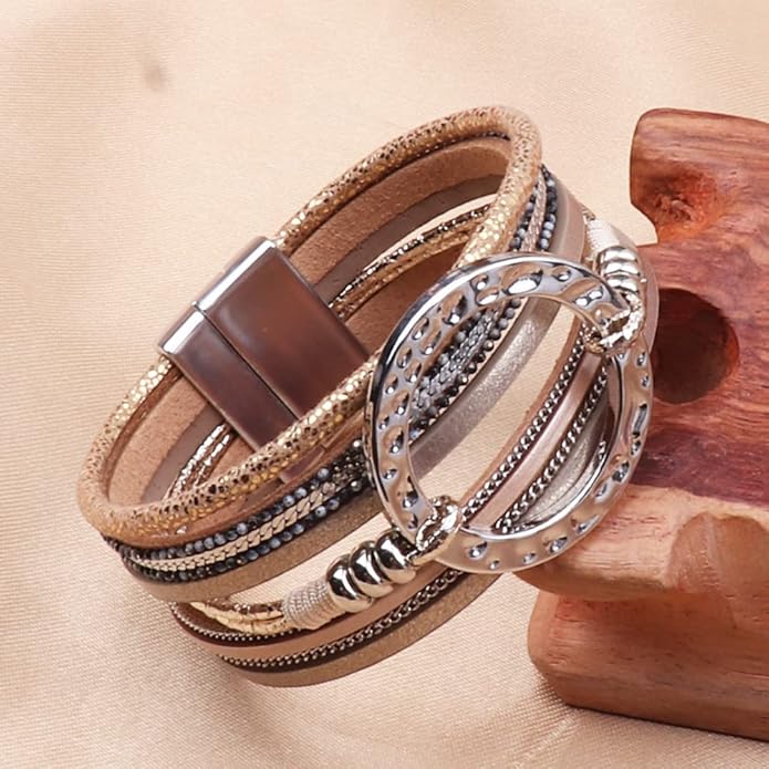 KSQS Tree of Life Leather Multi-Layer Wraps Bracelet,Boho Wide Buckle Wristband Bangle,Braided Cuff Bracelets for Women
