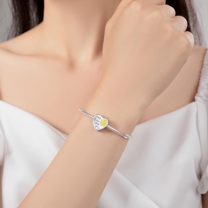 925 Sterling Silver Sunflower Charms Fit Pandora Charms Bracelet Forever In My Heart Fit Wife Mother's Day Christmas Birthday Gift