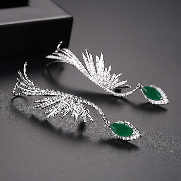 14K Gold Gemstone Feather Clip On Earrings for Women,Dainty Waterdrop Emerald Moissanite Angel Wing Ear Cuff,Fashion Christmas Jewelry Gift for Her