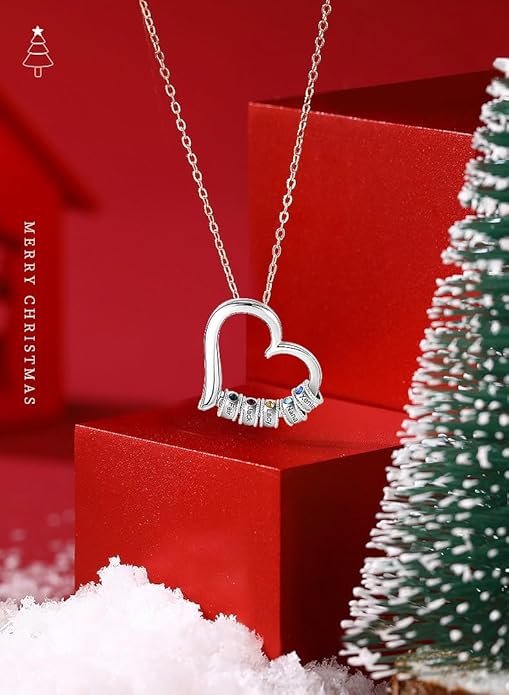 Personalized Women's Pendant Necklace 925 Sterling Silver with 1-5 Simulated Birthstone Names Customized Heart Shape Cubic Zirconia Necklace