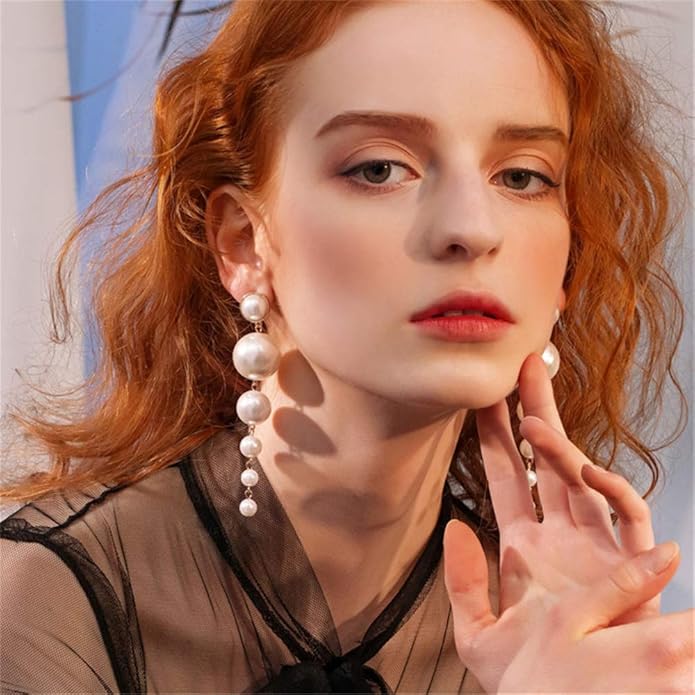Boho Gold Long Tassel Fringe Dangle Pearls Thin Handmade Bohemian Statement Earrings for Women Daily Party