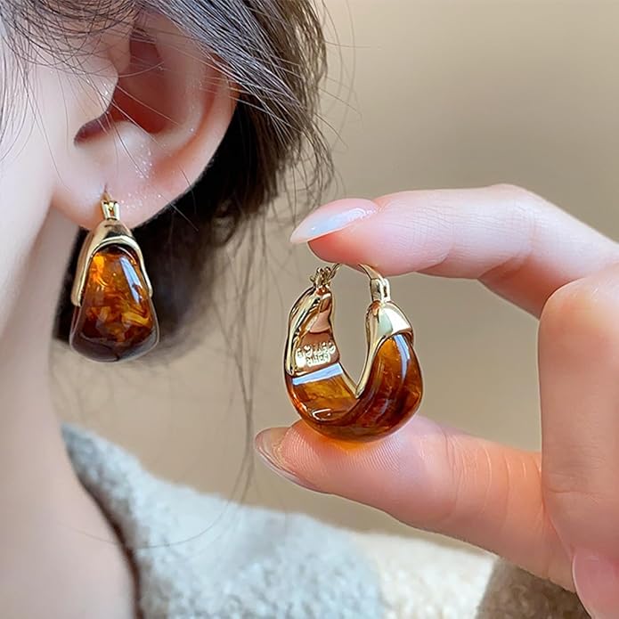 Brown 14k Gold Plated Amber Resin Hoop Earrings for Women Trendy, Retro Chunky Lightweight Hoop Drop Statement Jewelry Earrings for Party Wedding