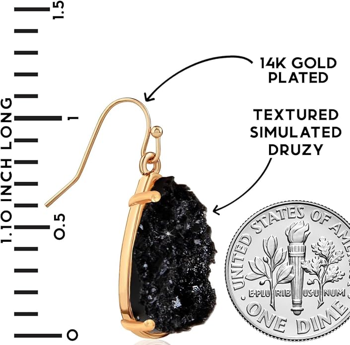 Teardrop Dangle Earrings for Women with Simulated Druzy Stones in Gold or Silver Tone