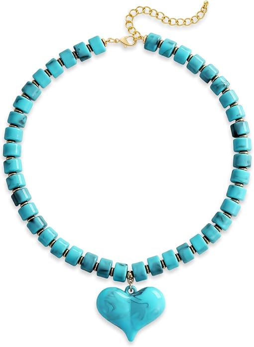 Large Acrylic Heart Necklaces for Women Chunky Puffy Heart Pendant Necklace Exaggerated Statement Love Beaded Choker Necklace Jewelry