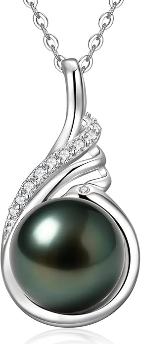 Genuine Tahitian Black Pearl Necklaces for Women, 9-12mm AAAA Seawater Pearl - Sterling Silver Moissanite Pendant, Wedding Anniversary, Birthday, Christmas Gift for Wife, Mom, Girlfriend, Fine Jewelry