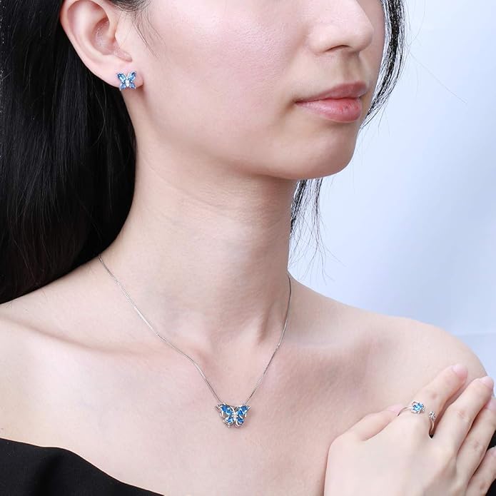 Aurora Tears Butterfly Jewelry,Women 925 Sterling Silver Butterflies Birthstone Pendant Necklace/Earrings/Rings Wedding Gift