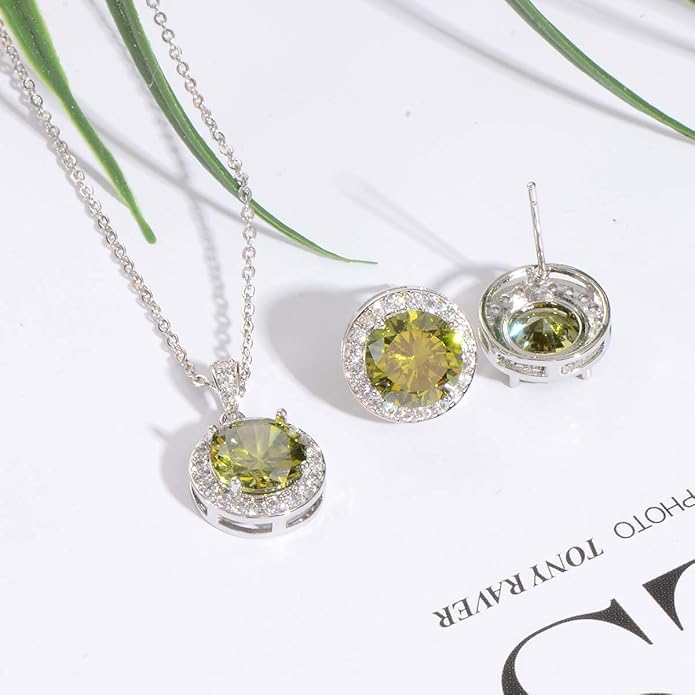 Bridal Crystal Jewelry Set - Sterling Silver Round Cubic Zirconia CZ Rhinestone Halo Birthstone Pendant Necklace Stud Earrings Set for Wedding Bride Bridesmaids Birthday Gift