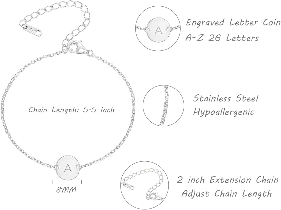 Personalized Initial Bracelet for Women Stainless Steel Letters Bracelet Delicate Coin Dainty Disc Alphabet Charm Bracelet Monogram Name Bracelet