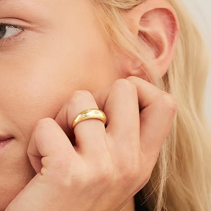 JINEAR 18k Gold Filled Chunky Rings for Women Croissant Dome Statement Ring Trendy Twisted Braided Band Stacking Star Rings Jewelry Gifts