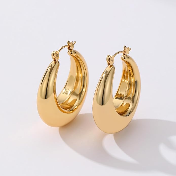 Chunky Gold Hoop Earrings for Women Stainless Steel Cute Fashion Hypoallergenic Earrings Minimalist Jewelry
