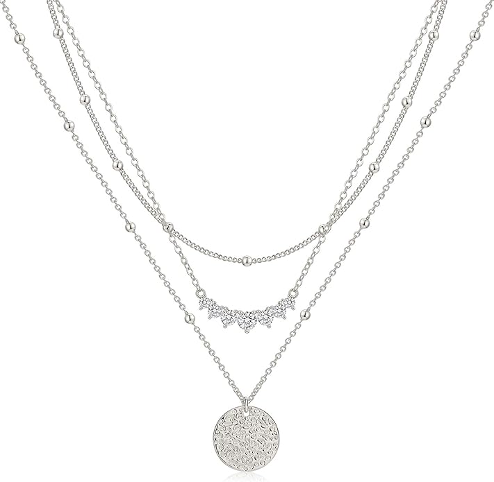 Layered Gold Silver Necklaces for Women, Stackable Stack 14K Real Gold Plated Silver Chain Necklace Diamond Circle CZ Layering Pendant Necklaces Trendy Gold Jewelry Set Gifts