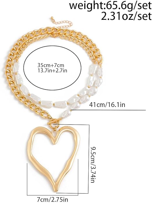 Y2k Large Heart Necklaces for Women Chunky Big Heart Pendant Necklace Exaggerated Layered Love Pearl Choker Necklace Set Dainty Statement Jewelry Gift