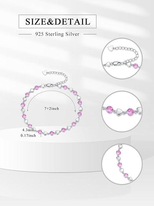 Birthstone Charm Link Bracelet 925 Sterling Silver Rose/Heart/Mom Bracelet with 12 Months Birthstone Mother's Day Gift Jewelry Gifts for Women,Chain Length 7"+2" Extend