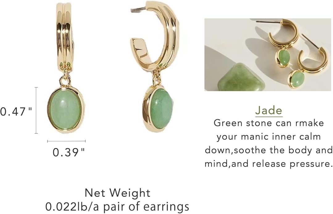 DISTANT DRUMS Simple Natural Green Aventurine Stone Jewelry Set for Women,Hoop Earrings,Bracelet,Necklace,18K Gold-plated Spiritual Gift,Fortunate Stone Jewelry,Choker