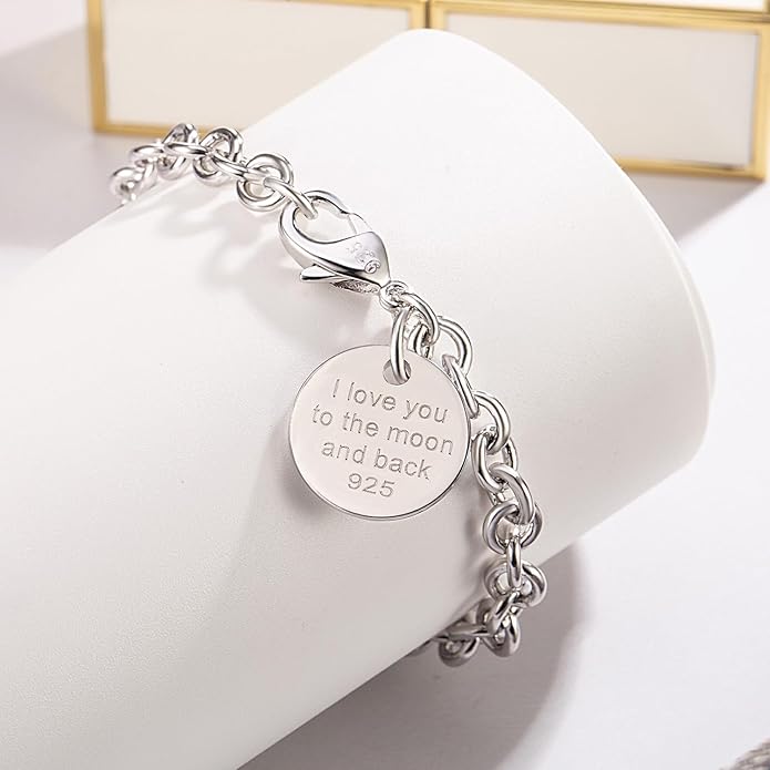 Dankadi Women 925 Sterling Silver Round Cable Wire Link Bracelet Charm Heart-Bell-Square-Circle Pendant Chain Bangle Fine Jewelry Gift For Wife Her