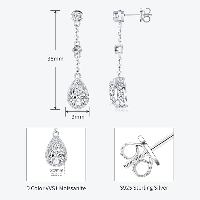 Pear Moissanite Drop Stud Earrings, 3.0cttw D Color 6x9mm Pear Cut Moissanite, 925 Sterling Silver Drop Earrings for Women Birthday Jewelry Gifts