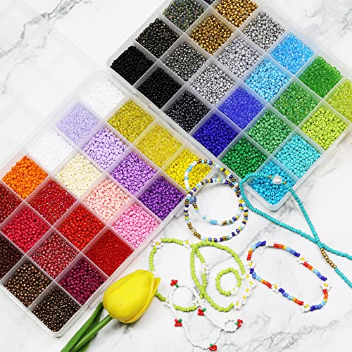 18800Pcs 3mm 48-Color Glass Seed Beads + 260 Alphabet Letter Beads DIY Jewelry Making Kit | Adult Craft Supplies with Elastic String, Charms, Rings for Bracelet Necklace Art Projects - color: 48 Colors