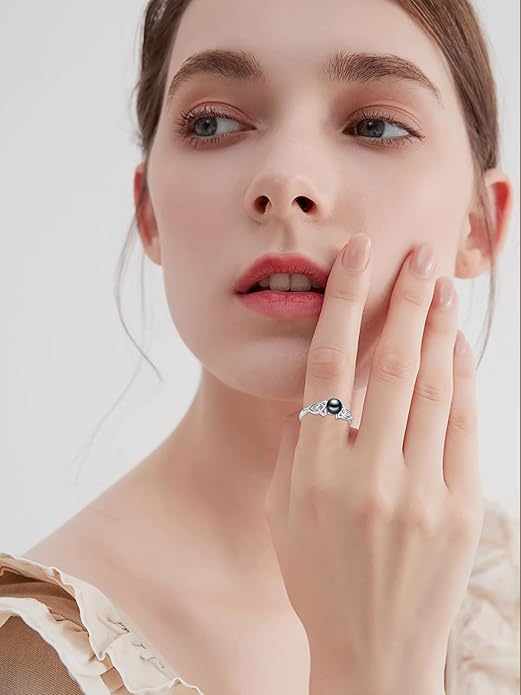 Tahitian Black Pearl AAAA 18K White Gold Plated Sterling Silver Rings for Women Wife Mom Girlfriend Valentine Her Jewelry Gift for Christmas Wedding Anniversary Birthday Graduation