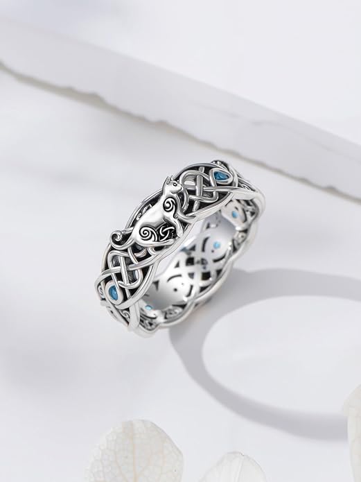 Seiyang Celtic Cat Ring 925 Sterling Silver Irish Trinity Knot Celtic Cat Wedding Promise Ring with 12 Months Birthstone Irish Lucky Jewelry Gifts for Women Mom Her