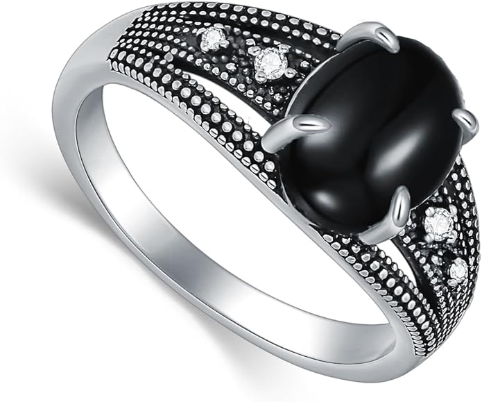 925 Sterling Silver Oxidized Black Onyx Rings for Women - Round & Heart 9mm Onyx Vintage Retro Design, Ideal for Daily Wear