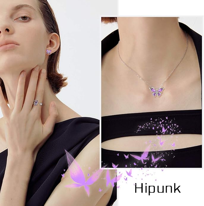 925 Sterling Silver Birthstone Butterfly Jewelry Women Crystal Animal Cute Butterflies Birthday Necklace/Earring/Ring/Bracelet Sets Birth Stone Statement Anniversary Jewellery