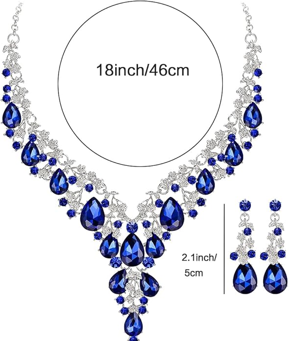 Bridal Bridesmaid Austrian Crystal Jewelry Set, Floarl rhinestone Statement Neckace Teardrop Necklace Drop Dangle Earrings Set