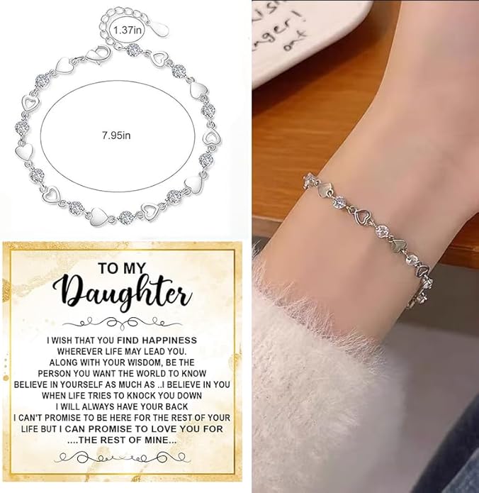 To My Daughter Bracelet, Silver Heart Chain Bracelet with Shiny Stones, Perfect Birthday or Graduation Christmas Gift for Daughter with Message Card Gift Box