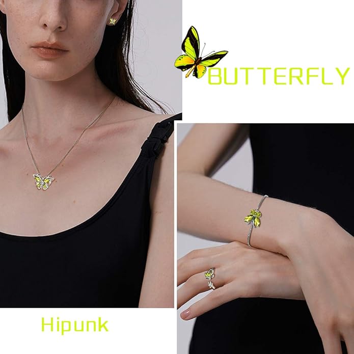 925 Sterling Silver Birthstone Butterfly Jewelry Women Crystal Animal Cute Butterflies Birthday Necklace/Earring/Ring/Bracelet Sets Birth Stone Statement Anniversary Jewellery